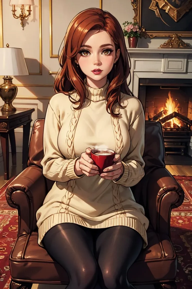 AI generated image of a woman sitting by a fireplace, wearing a cozy knitted sweater and holding a cup of warm beverage. Created using stable diffusion.