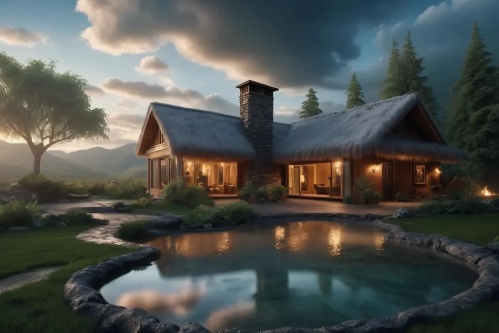 Cozy cabin in a serene nature retreat generated by AI using Stable Diffusion.