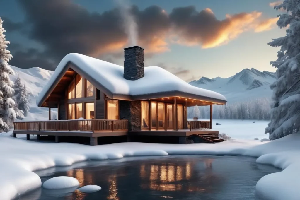 A cozy winter cabin with a snow-covered roof, nestled in a snowy landscape with mountains in the background. AI generated image using Stable Diffusion.
