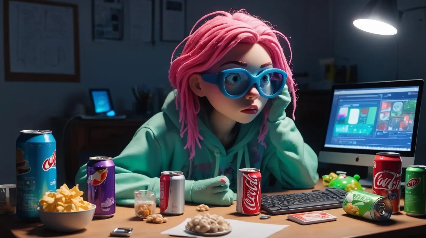 An AI generated image using stable diffusion of a creative desk scene with an animated character wearing blue glasses, a green hoodie, and pink hair. The desk is cluttered with soda cans, snacks, and a computer screen in a dim room.