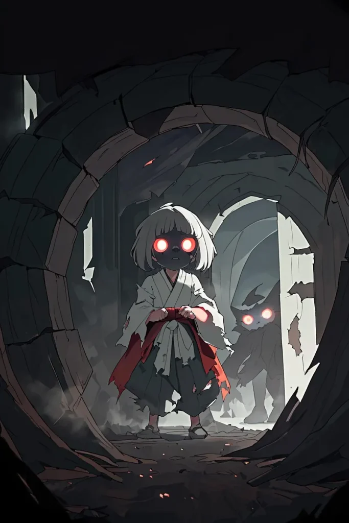 A creepy child with red glowing eyes holding a red string, standing in a dark, deteriorated tunnel. This image is AI-generated using Stable Diffusion.
