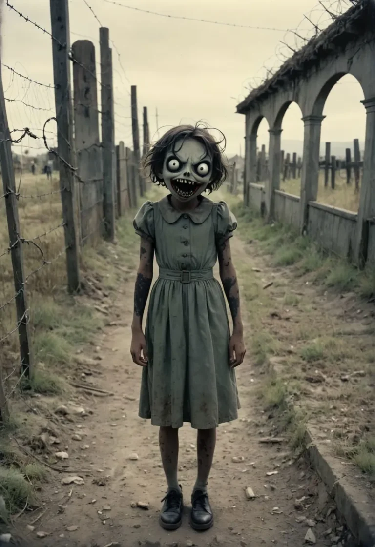 A creepy girl wearing a zombie mask in an abandoned place. AI-generated image using Stable Diffusion.