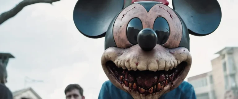 Creepy depiction of Mickey Mouse resembling a zombie, created using AI through Stable Diffusion.