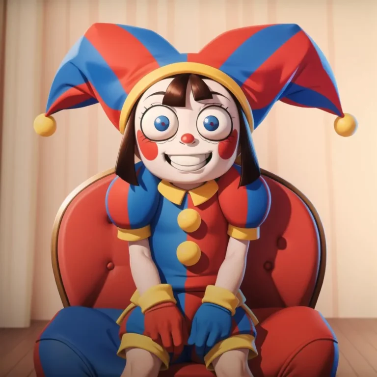 AI generated image using stable diffusion of a creepy clown with wide eyes, red cheeks, and a broad grin, dressed in a colorful red and blue jester costume with a matching hat, seated on a red chair
