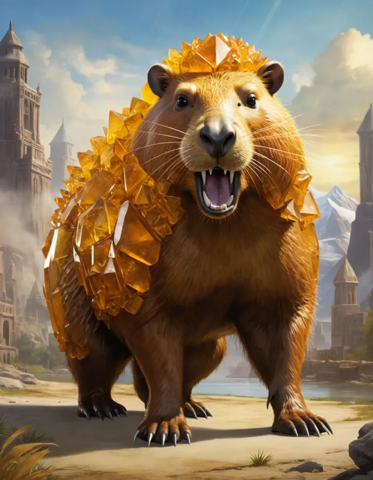 A crystal-armored bear with golden crystals on its back and head in a fantasy setting, created using Stable Diffusion.