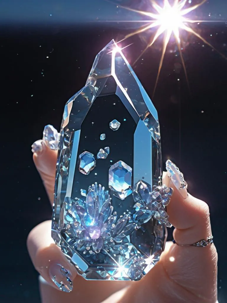 An AI generated image using stable diffusion featuring a glittering crystal gemstone held between delicate fingers, sparkling under a bright light.