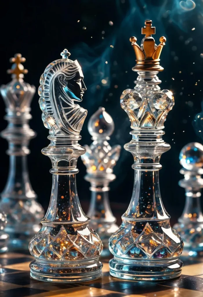 Intricately detailed crystal chess pieces with gold accents on a chessboard. Ai generated using stable diffusion.