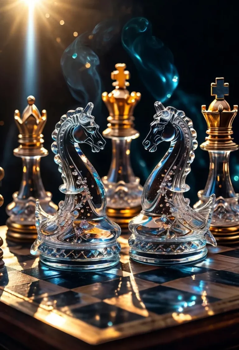 A detailed image of a crystal chess set featuring gold accents, created using stable diffusion AI.