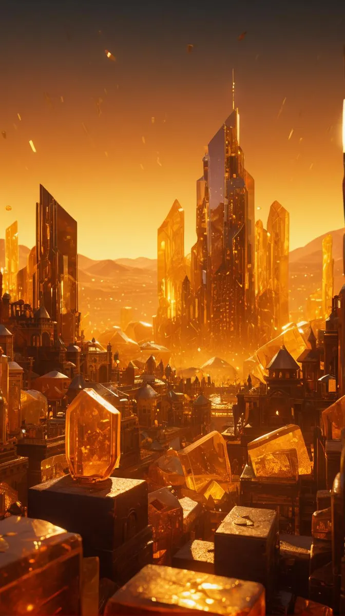 An AI generated image using Stable Diffusion of a futuristic crystal city with golden skyscrapers illuminated by a warm sunset glow