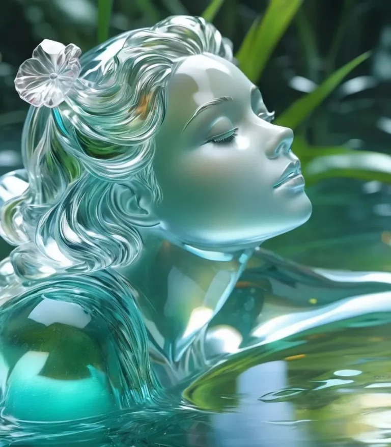 A crystal mermaid with detailed flowing hair adorned with a delicate crystal flower, emerging from sparkling water, set against a vivid green background, AI generated image using Stable Diffusion.