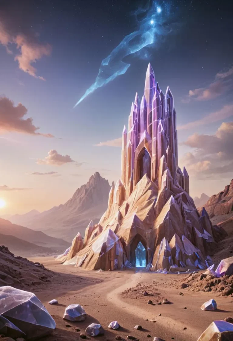 A fantasy landscape with a crystal mountain structure at the center, created using Stable Diffusion.