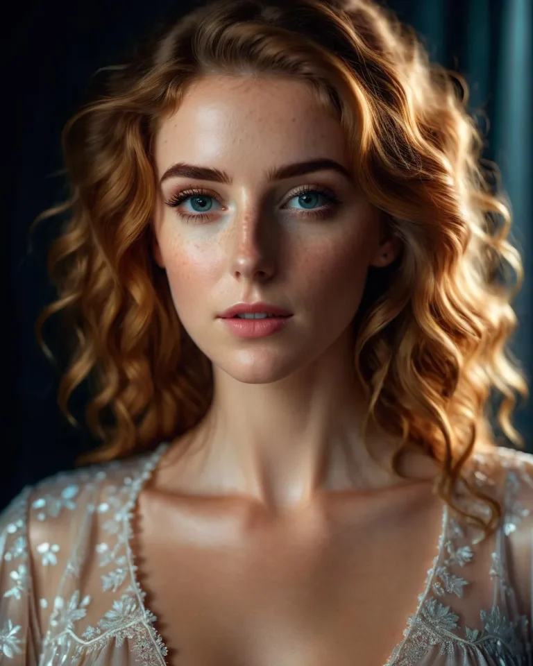 A close-up portrait of a woman with curly red hair and blue eyes, wearing a sheer floral top. This is an AI generated image using stable diffusion.