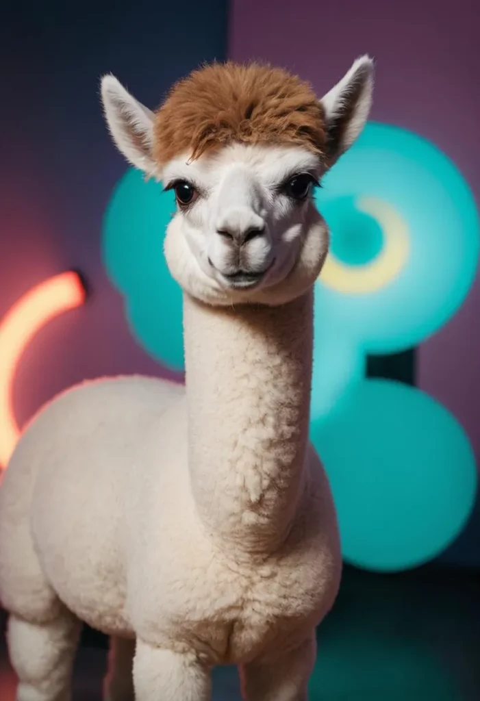 A cute alpaca with a fluffy white coat standing against a vibrant, colorful background. This is an AI generated image using Stable Diffusion.