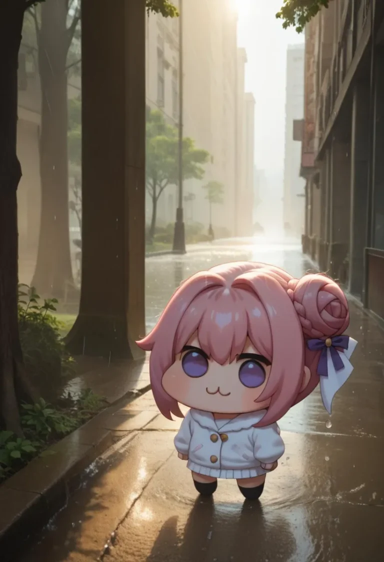 An adorable chibi anime character with pink hair and purple eyes, standing on a rainy street. This is an AI generated image using stable diffusion.