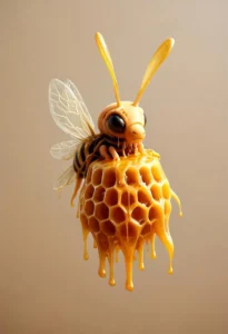 Cute bee on a dripping honeycomb, AI generated image using stable diffusion.