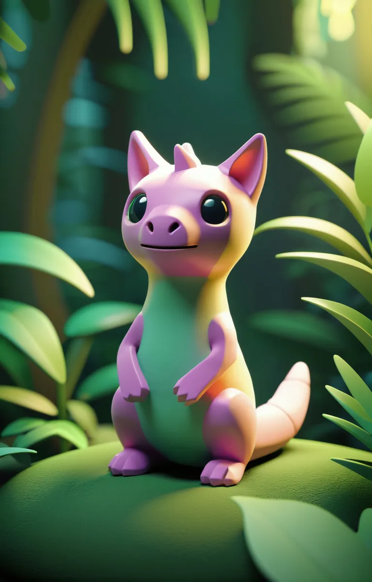 Cute dinosaur cartoon character with large eyes sitting in a jungle, AI generated image using stable diffusion.