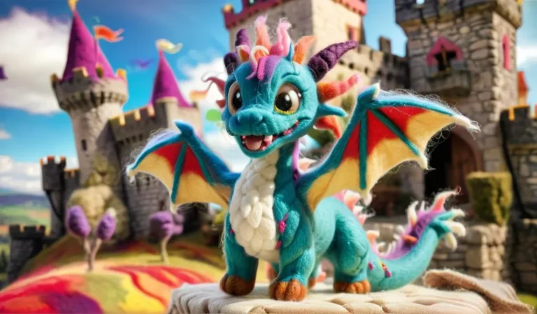 A vibrant and cute dragon standing in front of a fantasy castle. This is an AI generated image using Stable Diffusion.