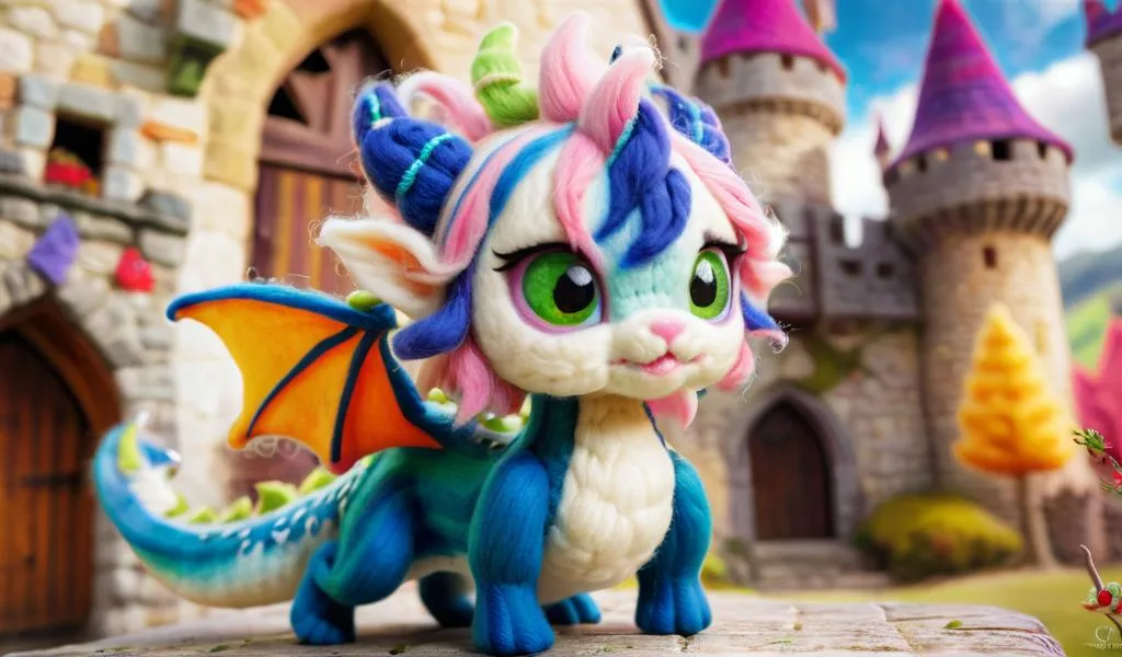 A cute dragon with colorful fur and wings stands outside a fantasy castle with towers.