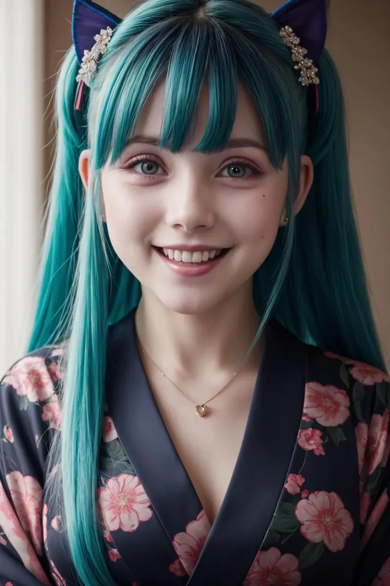 A cute girl with teal hair and cat ear accessories smiling, dressed in a kimono with floral patterns. This is an AI generated image using stable diffusion.
