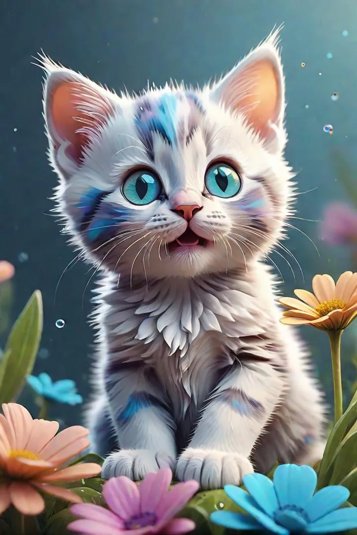 A cute kitten with blue eyes sitting amidst colorful flowers in a meadow. AI generated image using Stable Diffusion.