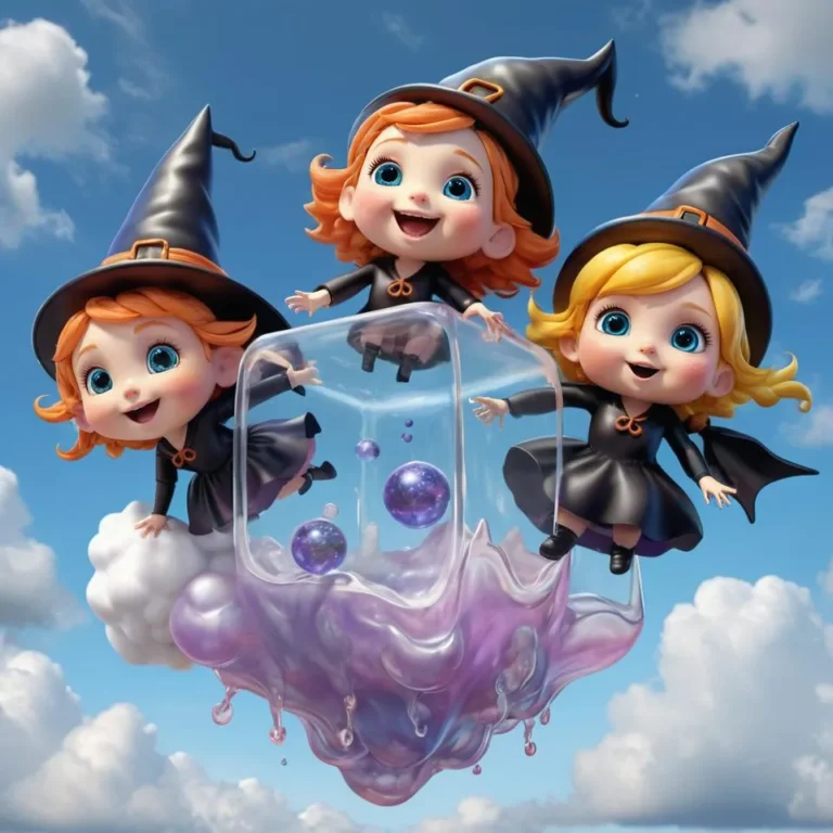 Three cute witches in black dresses and hats playing with a transparent magical cube and floating in the sky with clouds. This is an AI generated image using Stable Diffusion.