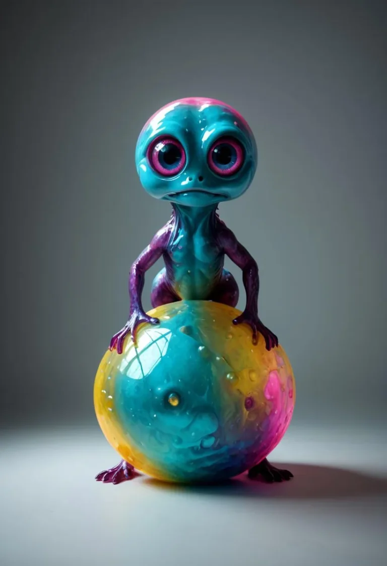 A cute, shiny alien creature with large eyes, holding a colorful, spherical orb. AI generated image using Stable Diffusion.
