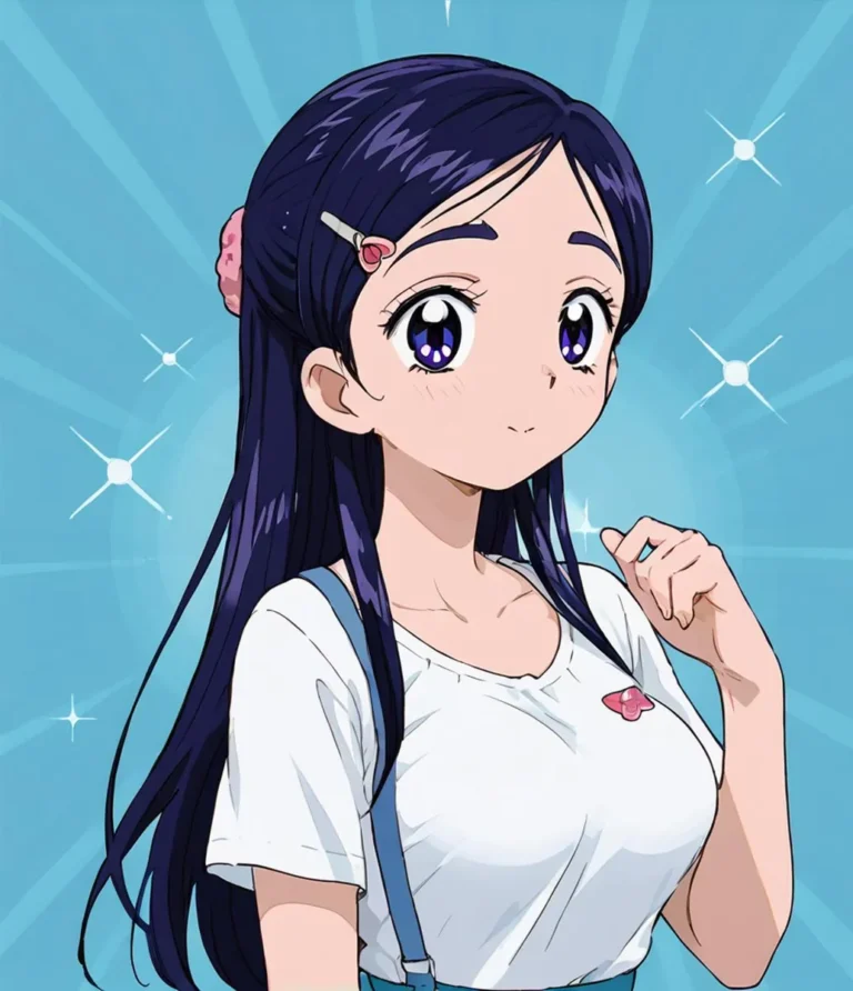 A cute anime girl with long purple hair and big, expressive eyes, standing against a sparkling background. This is an AI generated image using Stable Diffusion.