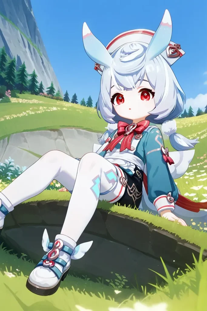 Ai generated image using stable diffusion featuring a cute anime girl with white hair, red eyes, and bunny ears, sitting in a colorful fantasy landscape with mountains and green fields.