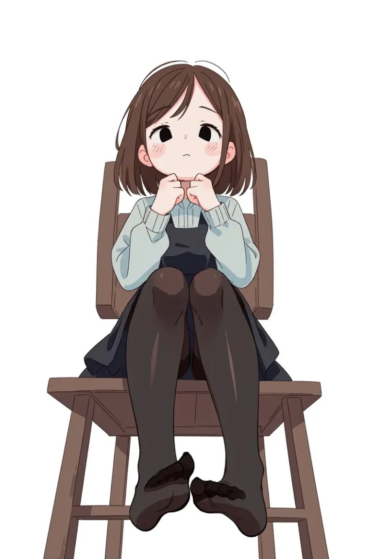 AI generated image using Stable Diffusion of a cute anime girl with short brown hair and a shy expression, sitting on a wooden chair wearing a light blue sweater, dark skirt, and black tights.