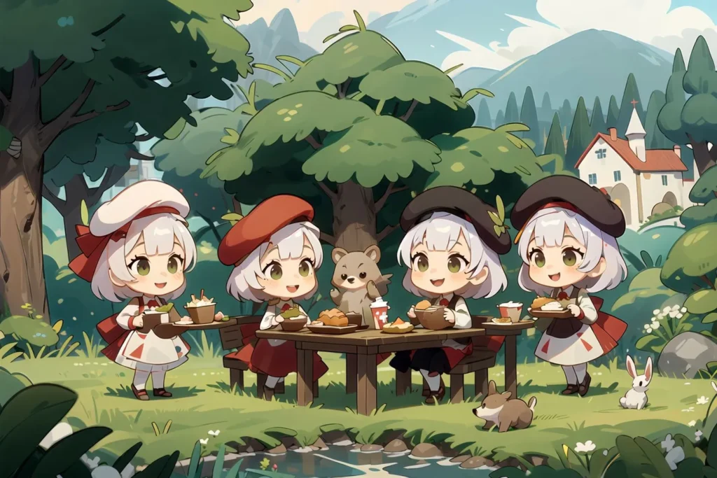 Four chibi characters enjoying a picnic in a lush forest setting, AI generated image using stable diffusion.