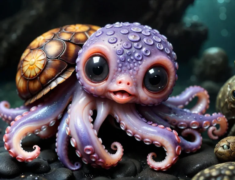 A cute, AI-generated baby octopus with large eyes and vibrant purple hues carrying a turtle shell. Created using Stable Diffusion.