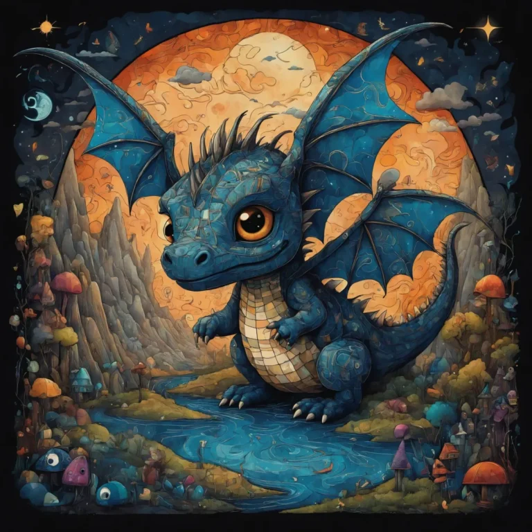 A cute blue dragon standing in a detailed fantasy landscape with colorful mushrooms, rocky mountains in the background, a flowing river, and an orange sky. AI generated image using Stable Diffusion.