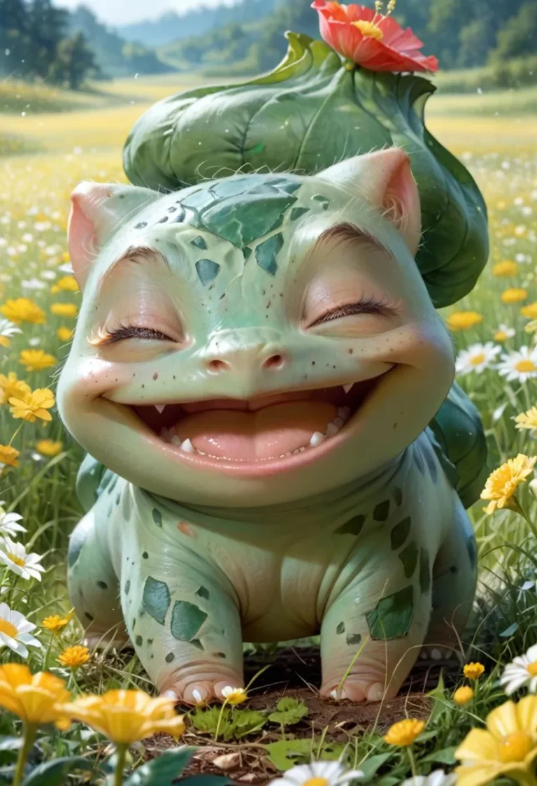 AI generated image using stable diffusion of a cute Bulbasaur in a sunny meadow with flowers.