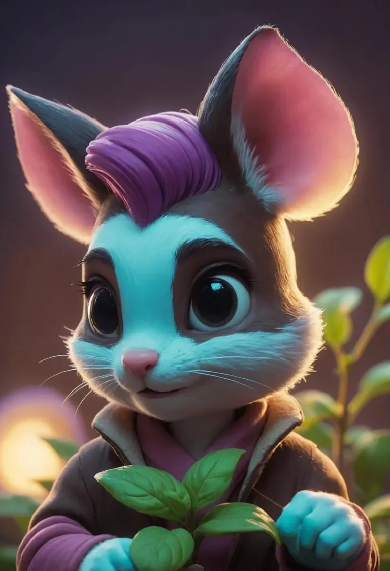 A cute cartoon mouse with large eyes and a tuft of purple hair, wearing a brown jacket and holding a green plant. AI generated image using Stable Diffusion.