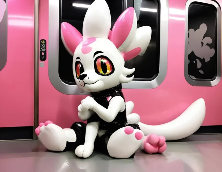 Cute anime-style character with large eyes and pink accents, sitting in a pink subway train. AI generated image using Stable Diffusion.