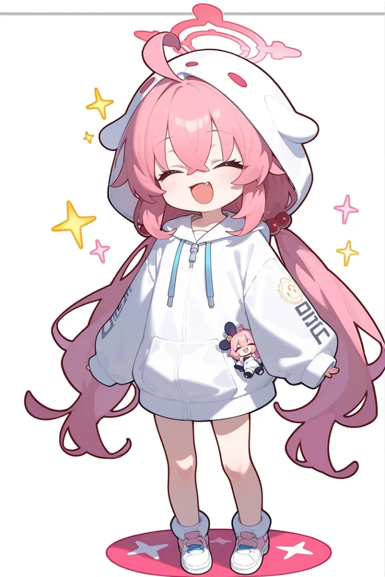 A cute chibi anime character with pink hair, wearing an oversized white hoodie adorned with a small plushie, created using Stable Diffusion.