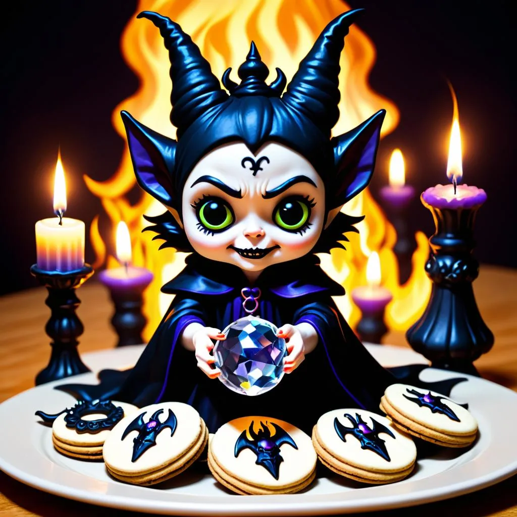 A stylized AI generated image using stable diffusion of a cute demon doll with large green eyes, black gothic attire, holding a crystal ball, surrounded by bat-themed cookies and candles with a fiery backdrop.
