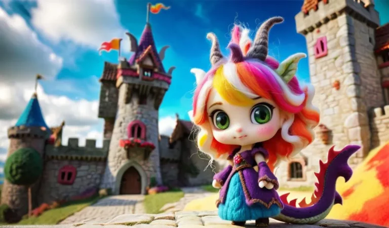 A cute dragon girl with rainbow hair, green eyes, and a colorful outfit stands in front of a whimsical fantasy castle with flags and towers. This AI-generated image was created using Stable Diffusion.