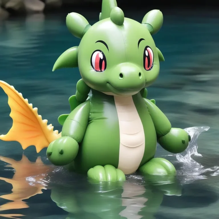A cute inflatable dragon toy with green body and orange wings floating in water, AI generated using stable diffusion.