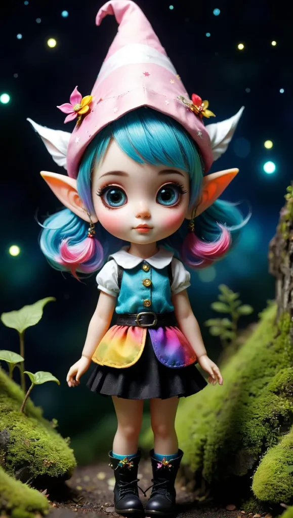 Cute elf doll with turquoise fairy hair, big eyes, pink hat with flowers, dressed in colorful clothes and black boots, standing in a magic forest under a starry night. AI generated image using Stable Diffusion