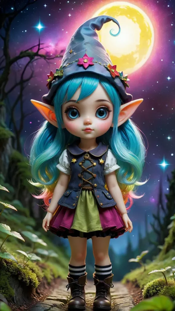 A cute fairy elf with blue hair, big blue eyes, and pointed ears standing in an enchanted forest, with a glowing moon and starry sky in the background. AI generated image using Stable Diffusion.