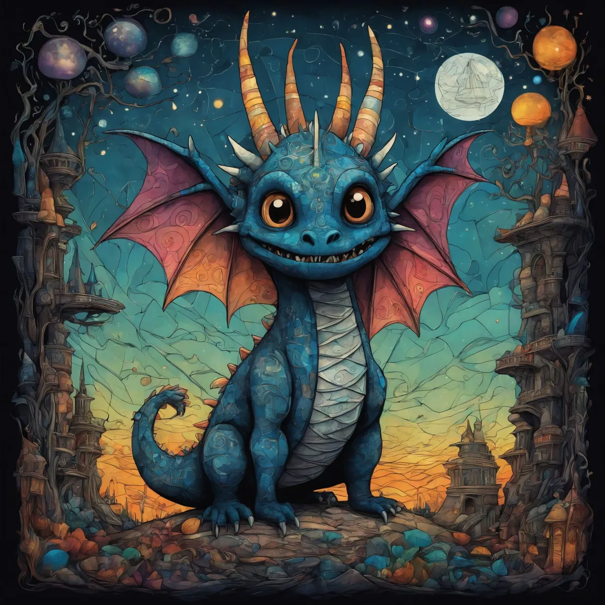 Whimsical illustration of a cute blue dragon with large eyes, orange horns, and pink wings, created using Stable Diffusion AI.