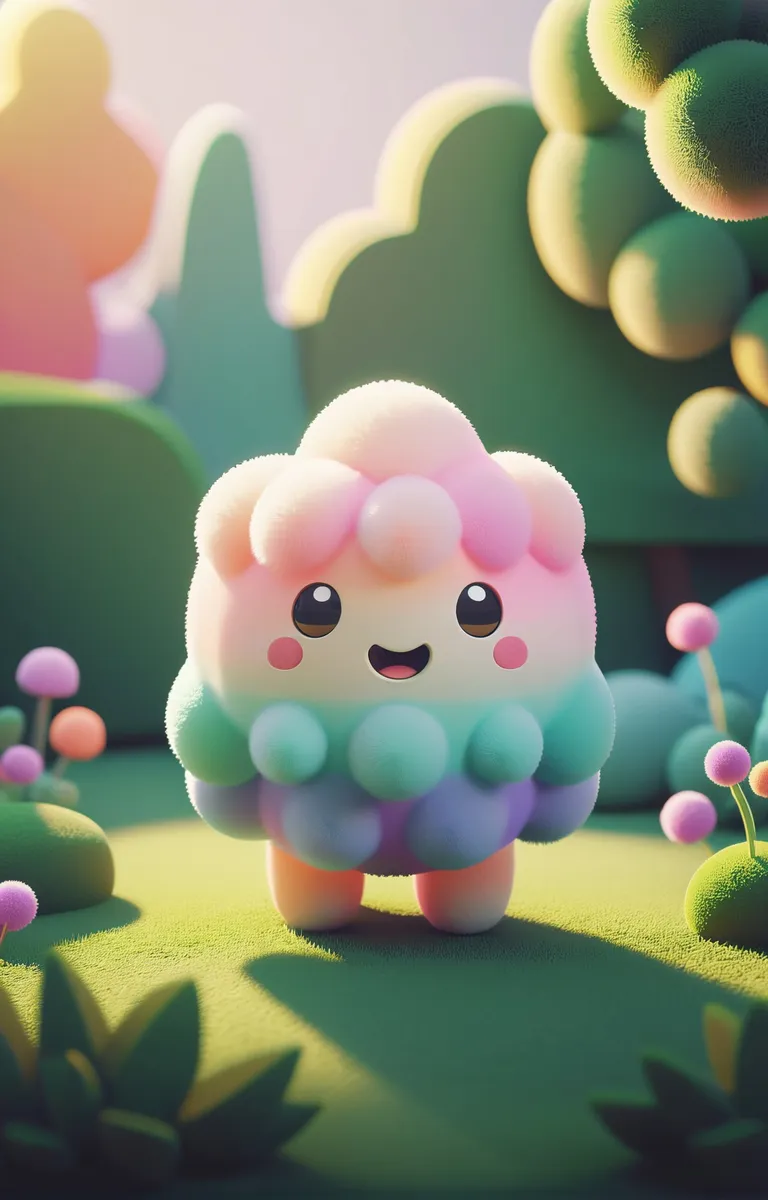 A cute fluffy creature with a smiling face, rendered in a pastel color palette, standing in a whimsical garden. AI generated image using stable diffusion.