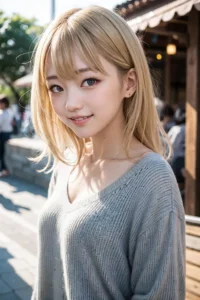 A cute girl with blonde hair and a light grey sweater, captured in an outdoor setting with a soft, pleasant expression, generated using Stable Diffusion AI.