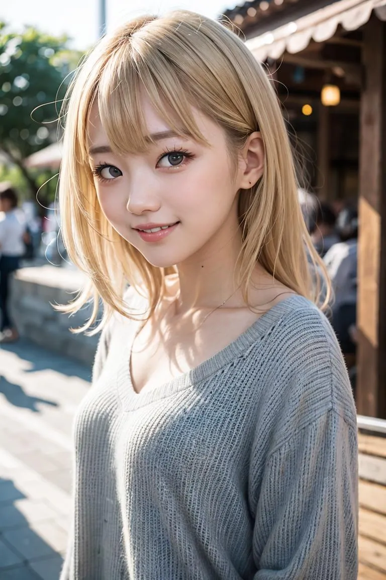 A cute girl with blonde hair and a light grey sweater, captured in an outdoor setting with a soft, pleasant expression, generated using Stable Diffusion AI.