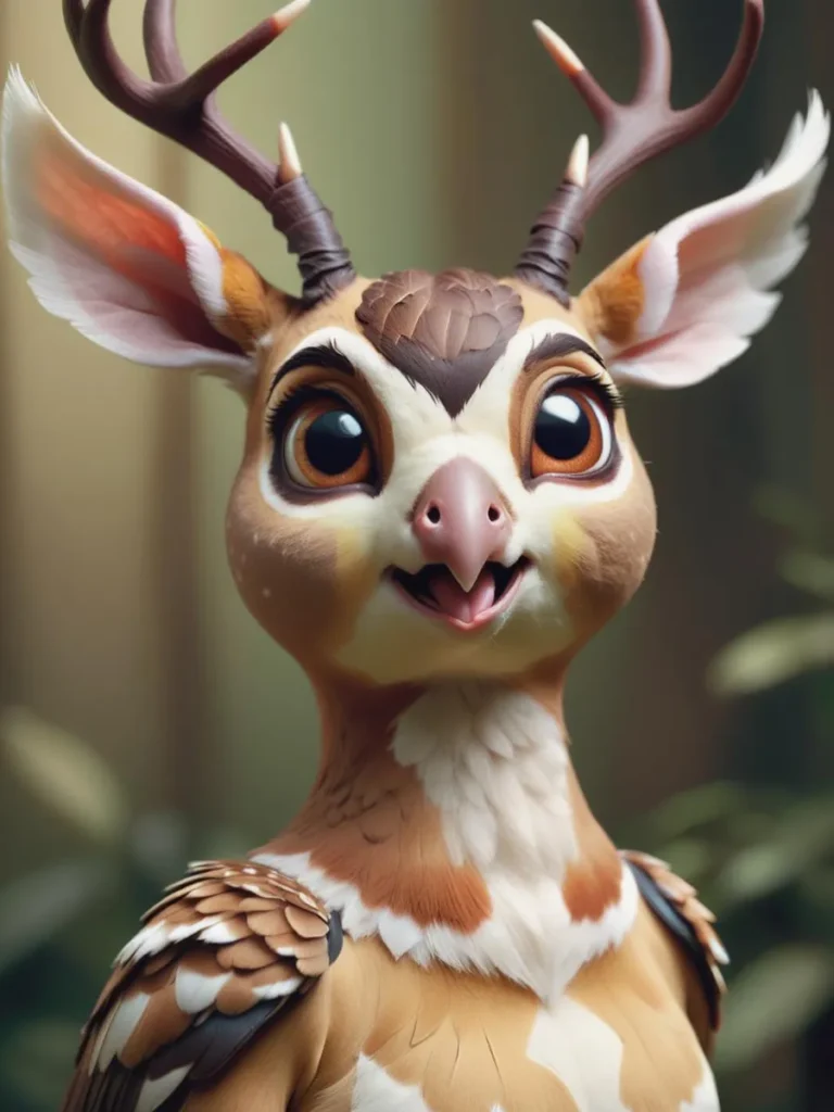 AI generated image of a cute hybrid fantasy creature with deer antlers, large expressive eyes, feathered details, and a warm auburn and white color pattern. Created using Stable Diffusion.