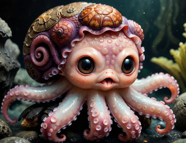 A cute, large-eyed octopus with intricate shell-like designs on its head, set in an underwater environment. This is an AI generated image using Stable Diffusion.