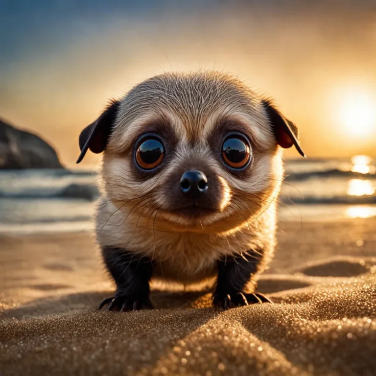 An adorable puppy with large, expressive eyes stands on a sandy beach during sunset, created by AI using Stable Diffusion.
