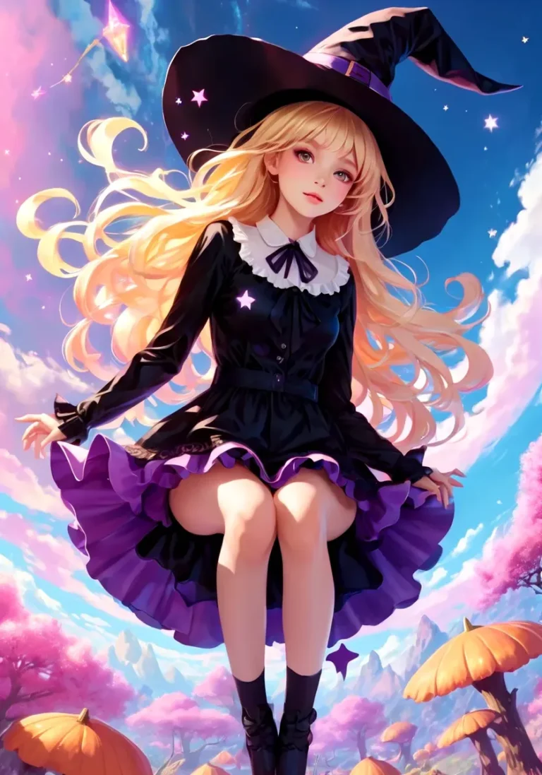 A cute witch in a black dress and hat with blond flowing hair, floating in a dreamy, magical landscape. AI generated image using Stable Diffusion.