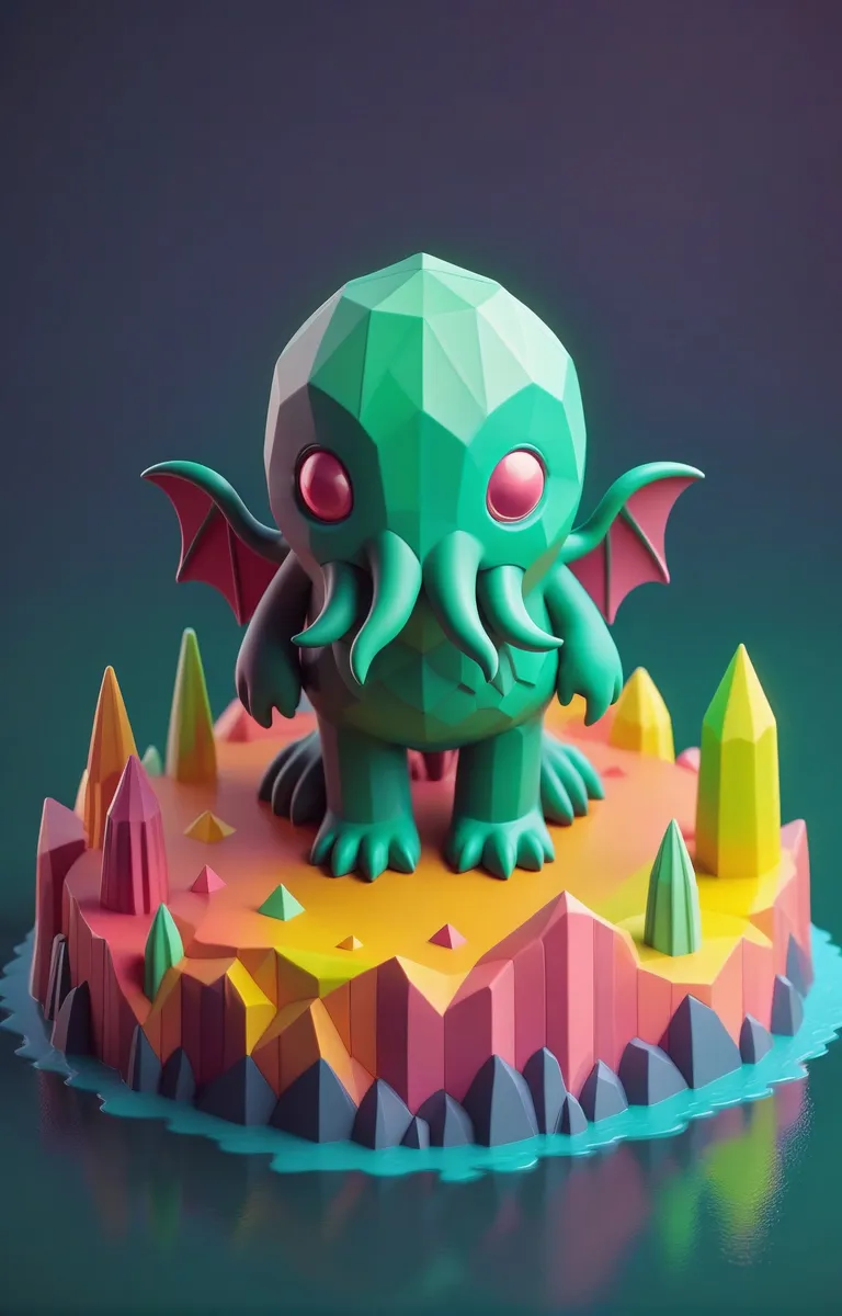 Cute Cthulhu character in vibrant low poly art style, featuring detailed geometric shapes and colorful island landscape. AI generated image using stable diffusion.